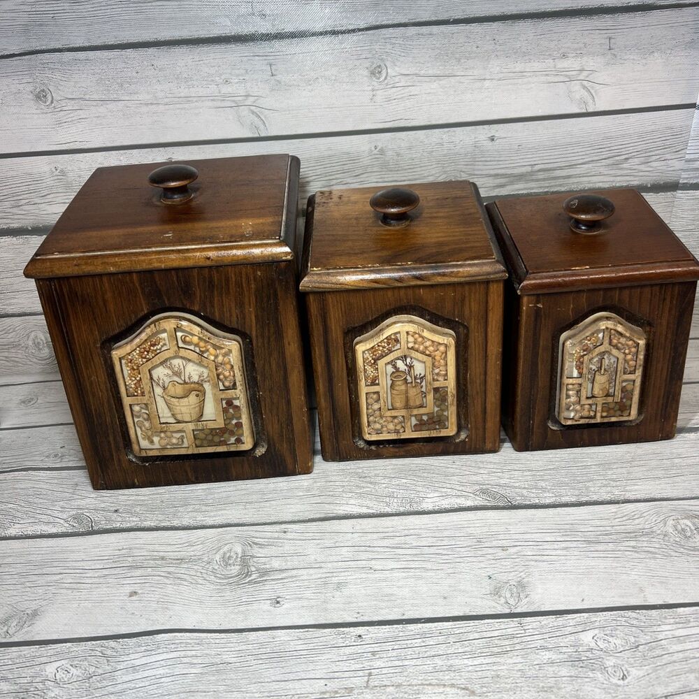 Vintage 3 Piece Wood Kitchen Canister Set With Lucite Inserts Farmhouse Cottage